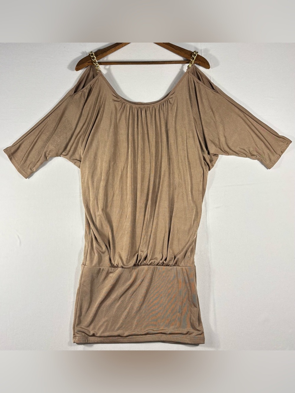 Sushi flower Women’s Small Cold-Shoulder Taupe Tunic Top with Chain Straps